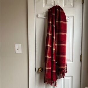 Madewell Buffalo Check Red and Cream Plaid cape scarf with holes for arms